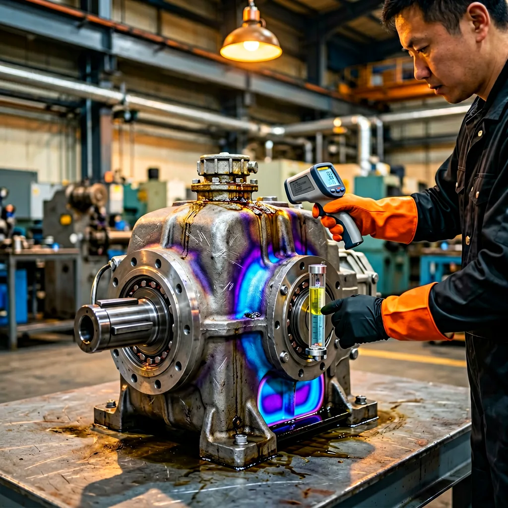 Technician inspecting an industrial gearbox sight glass and breather valve for overheating issues.