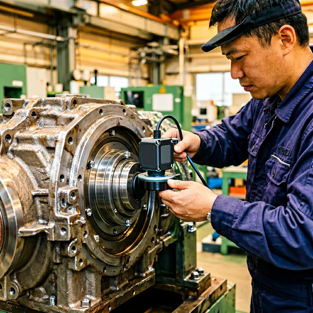 Maintenance technician attaching an accelerometer sensor to a gearbox bearing housing for vibration analysis.